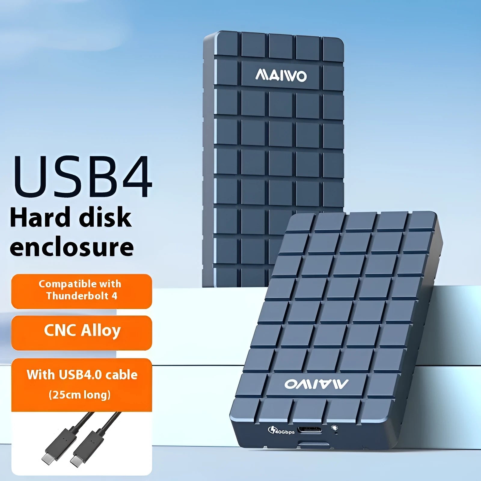 Silver aluminium USB4 hard disk box for solid state drives, showing compact design and USB-C port.