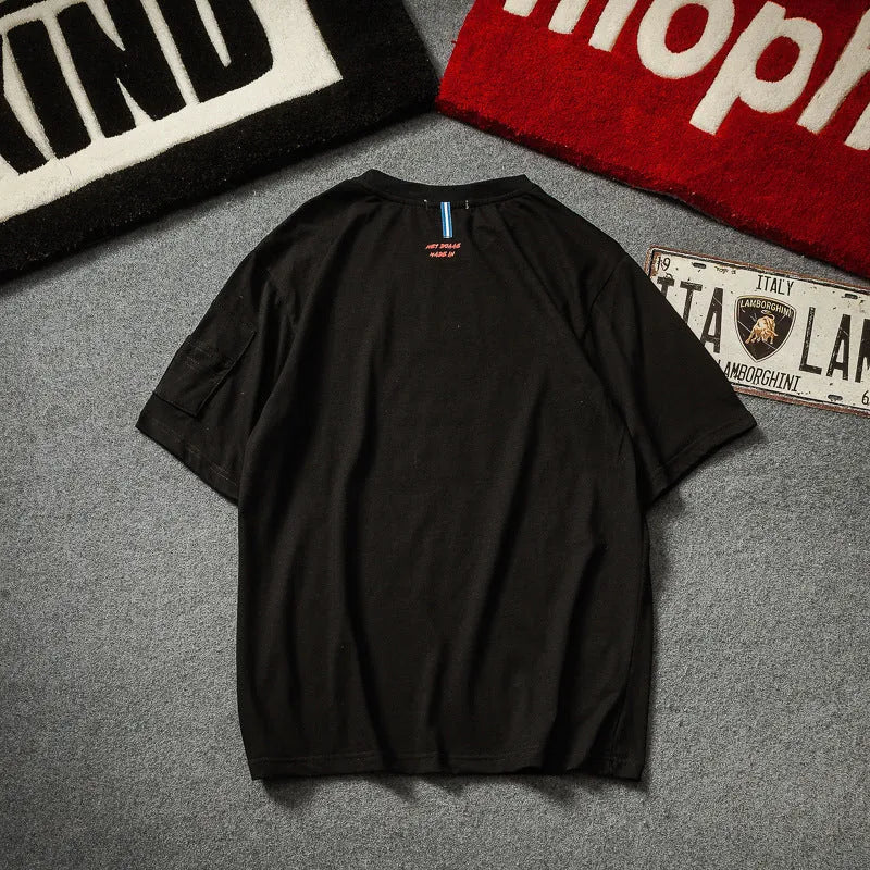 Zip-front loose-fit T-shirt with five-point sleeves in black, round neck, cotton fabric