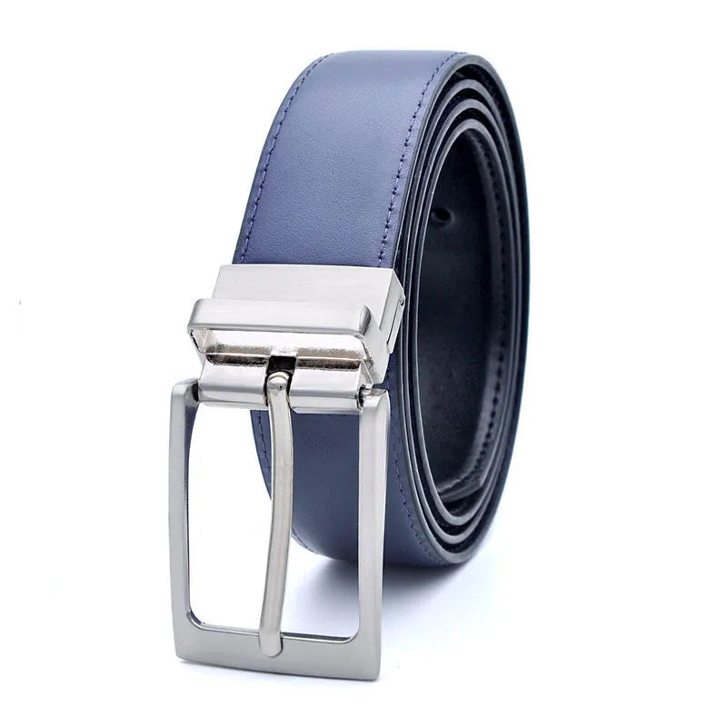 Men's dark brown and black leather belt with a silver alloy rotating pin buckle.