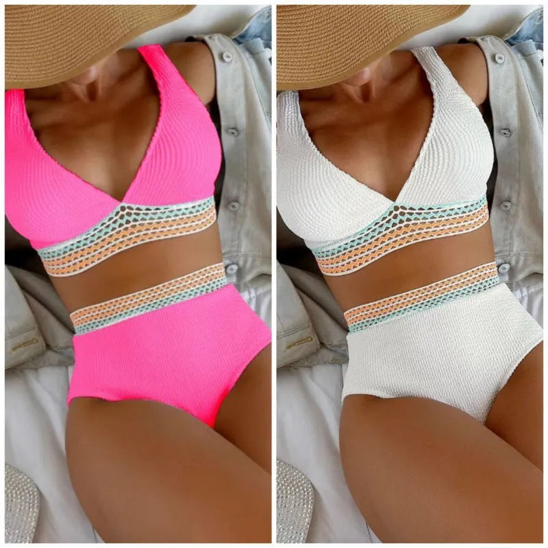 High waist split bikini swimwear set in solid colour nylon fabric showing front view