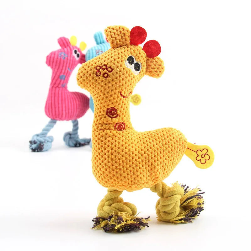 Deer shaped plush dog toy with corn grain texture in blue, pink, and yellow colours