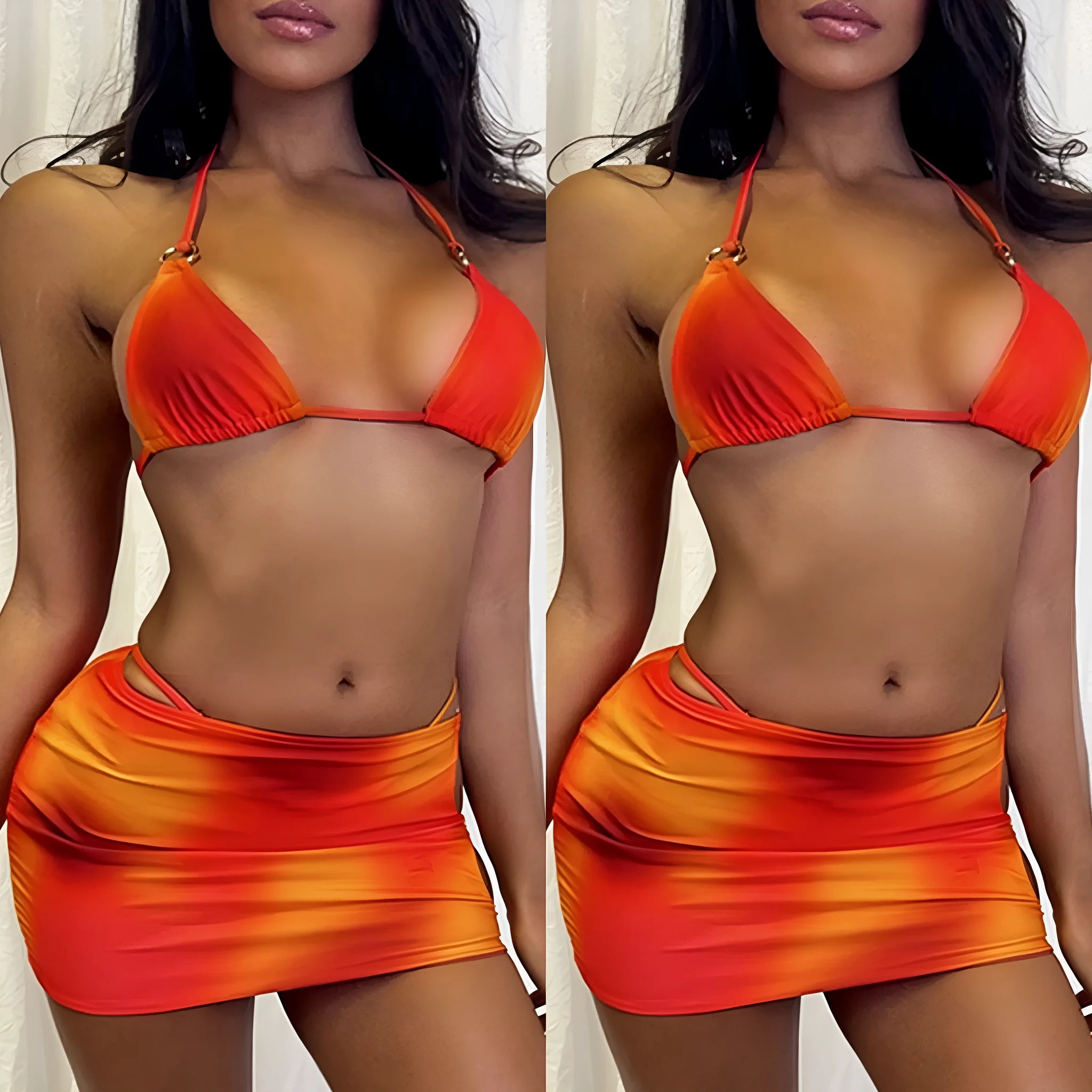 Women's tie-dye gradient three-piece bikini set with halter top and skirt on hanger