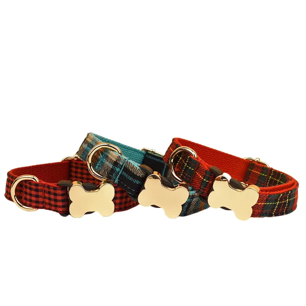 Flat nylon dog collar with bone buckle and printed grid pattern in assorted colours.