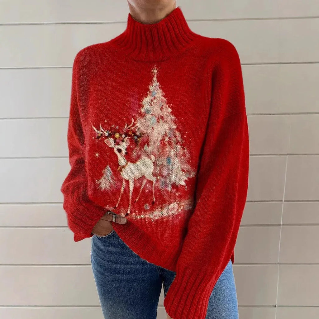 Women's loose fit Christmas printed turtleneck sweater in macaron colours