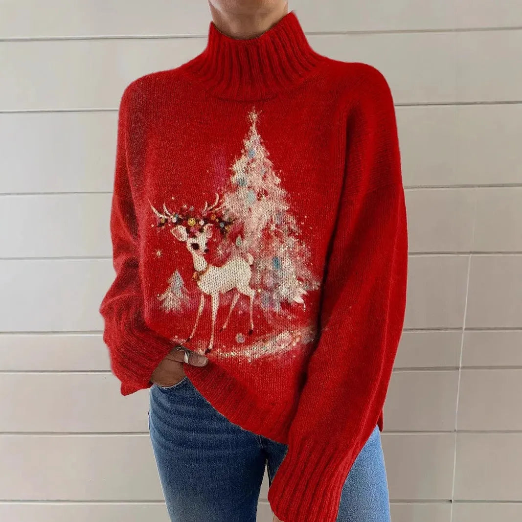 Women's loose fit Christmas printed turtleneck sweater in macaron colours