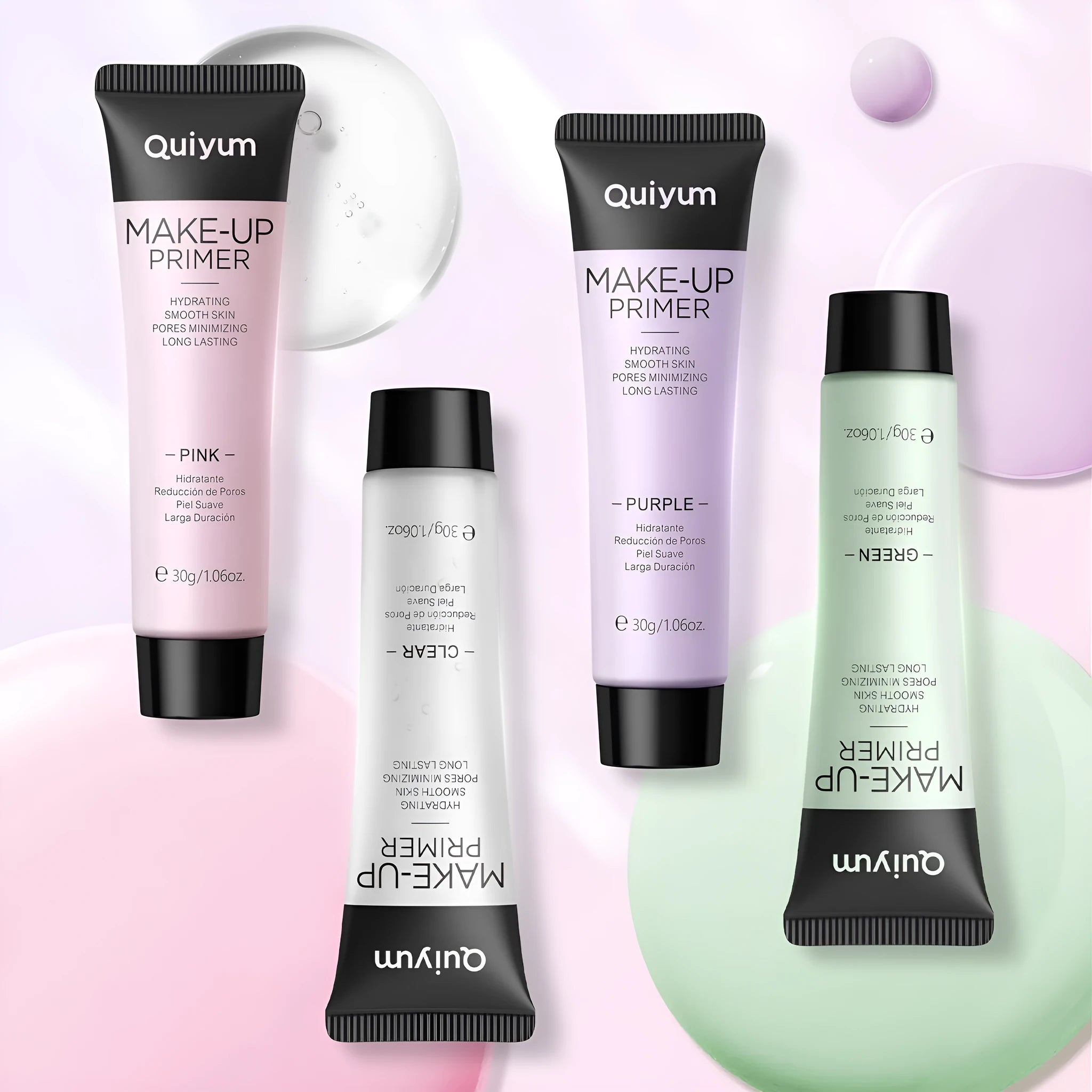 Colour correcting makeup primer box with green, pink, and purple 30g containers
