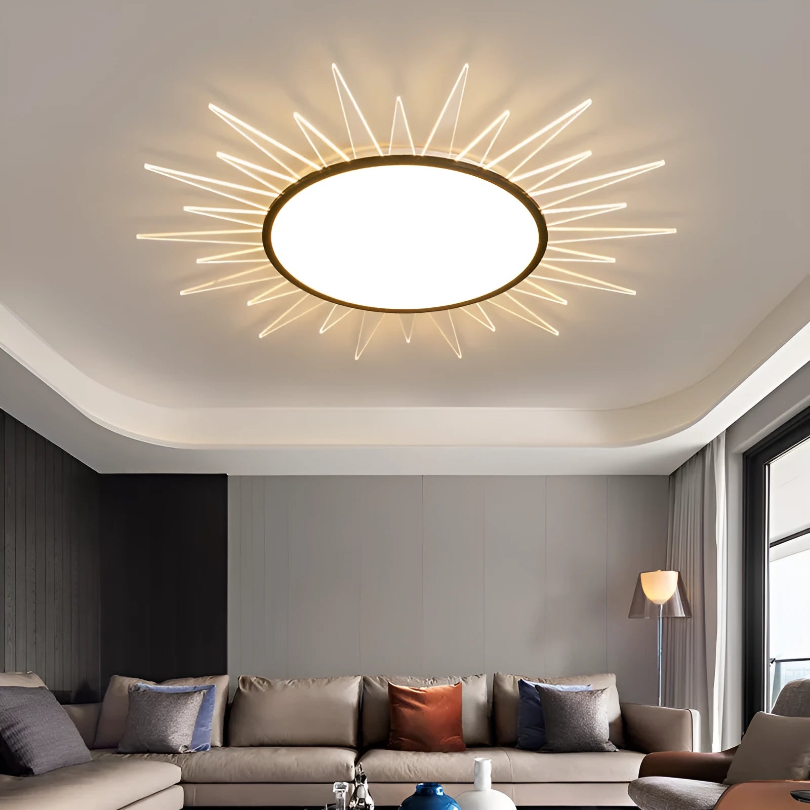 Modern circular aluminium LED ceiling lamp with remote control for dimming and colour adjustment