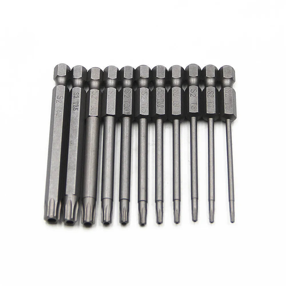 Hexagon handle screwdriver bit set with plum blossom hollow alloy bits in 50mm, 75mm and 100mm lengths