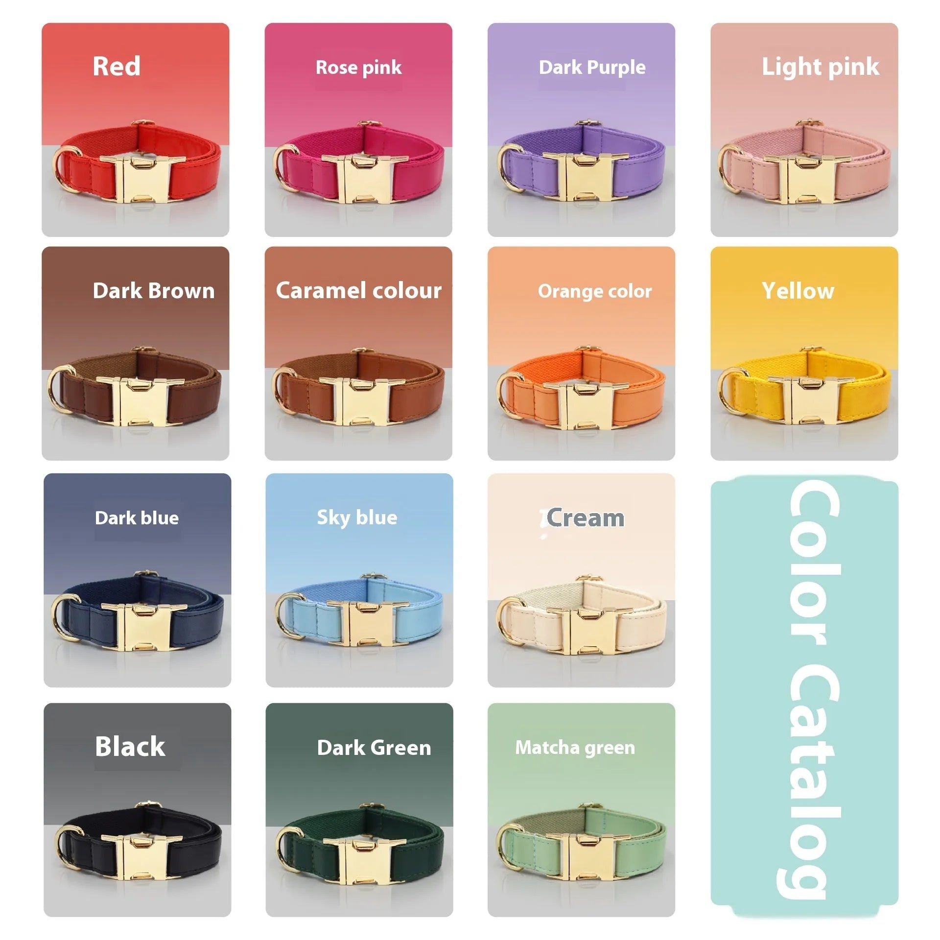 Solid colour leather dog collar shown in a selection of hues including caramel, dark blue and rose pink.