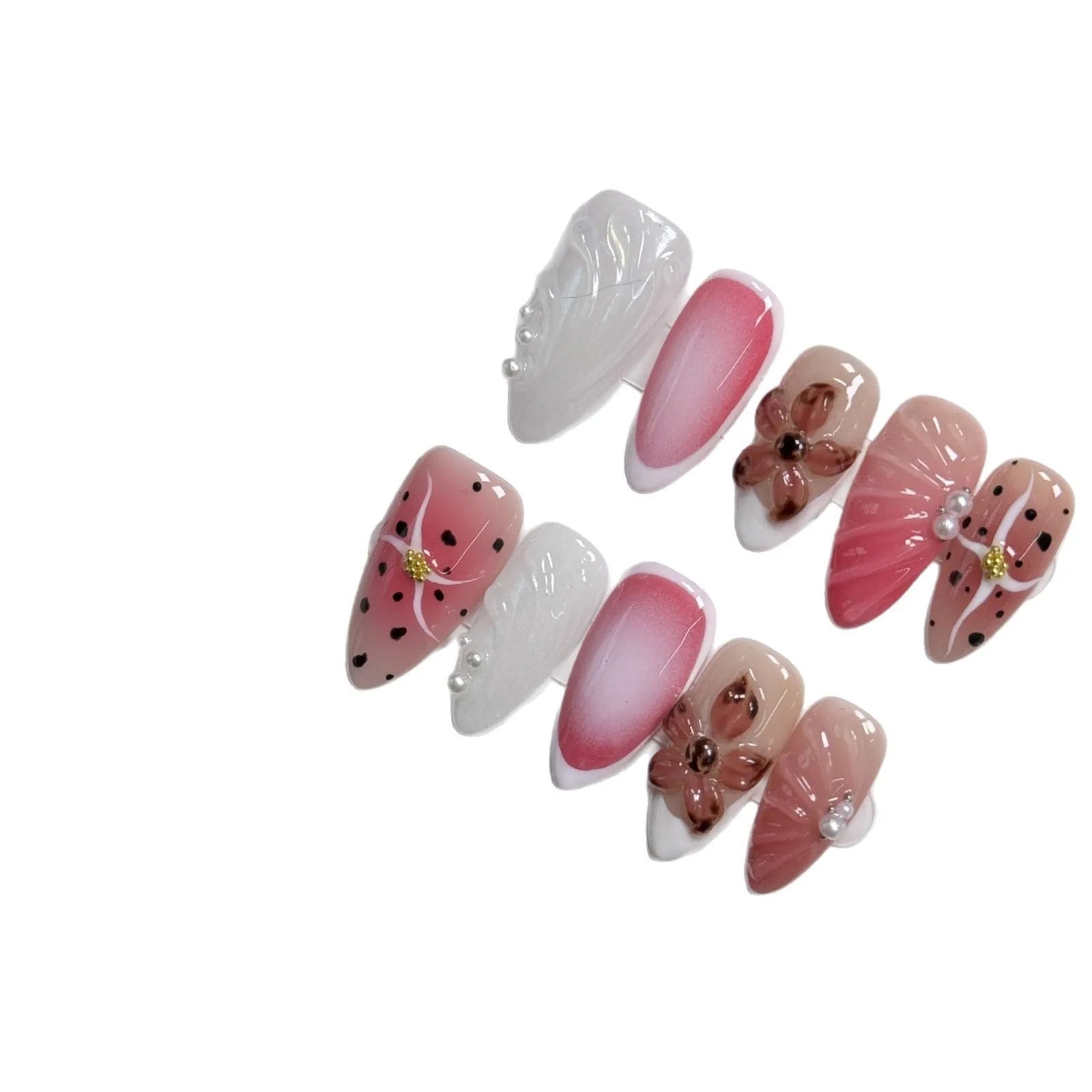 Hand-painted three-dimensional nail patches with embossed candy patterns in almond shape