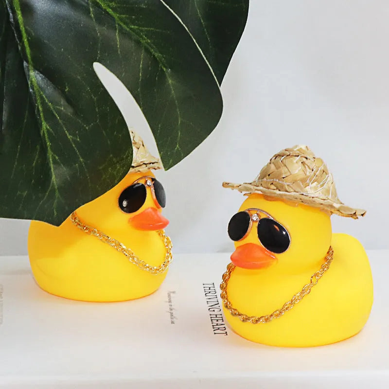 Straw hat yellow duck car dashboard ornament with removable sunglasses accessory
