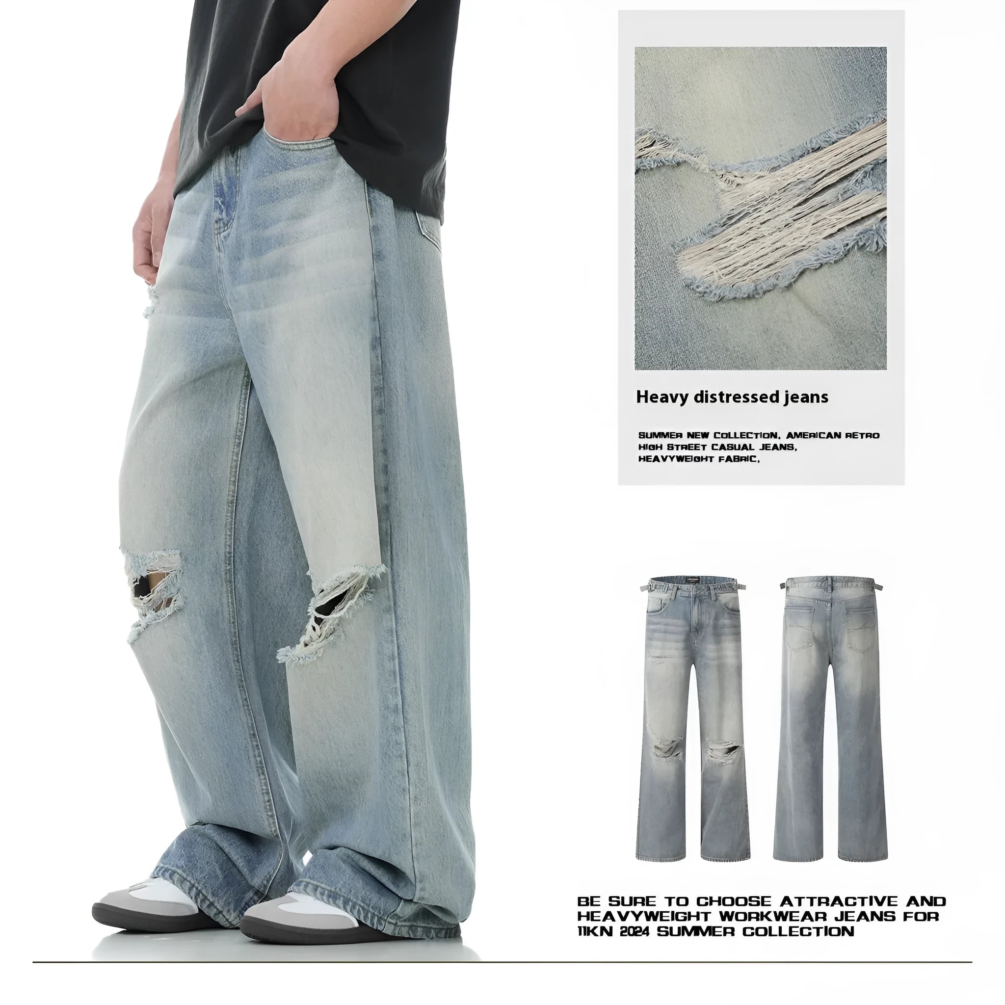 Blue men's straight-leg jeans with ripped details and a zipper fly, showing retro style.