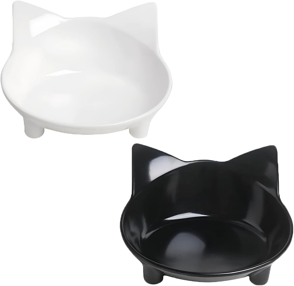 Shallow black melamine cat bowl with non-slip rubber base on a wooden floor.