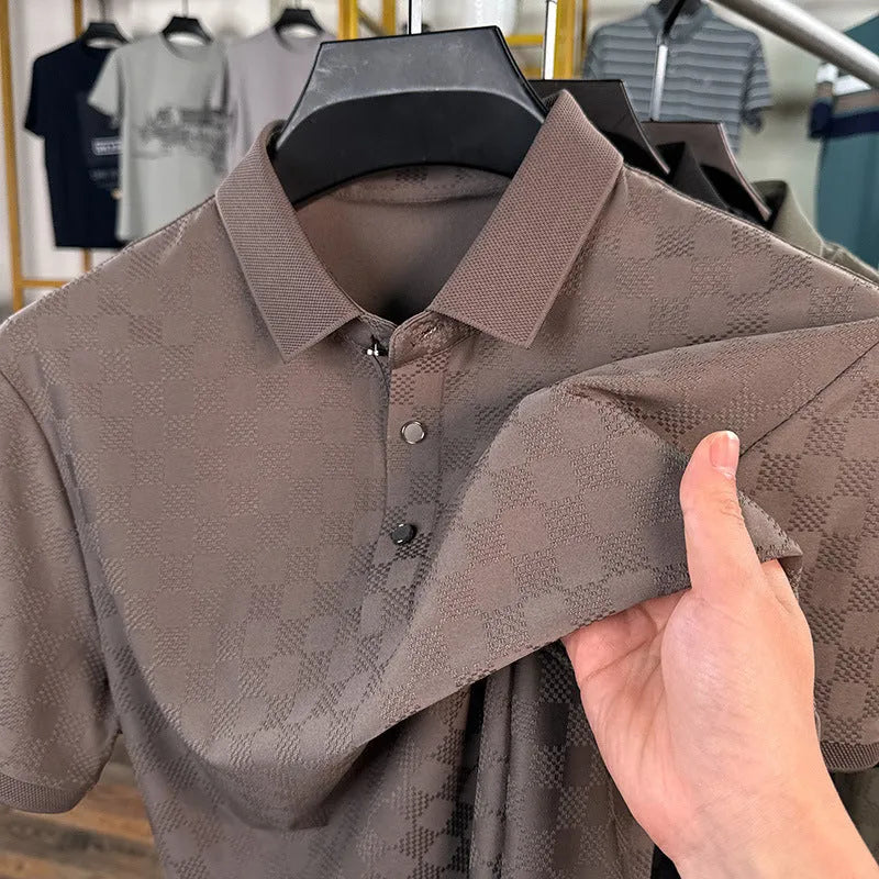 Rhombus pattern thin ice silk short sleeve T-shirt with slit detail in chemical fibre blend fabric