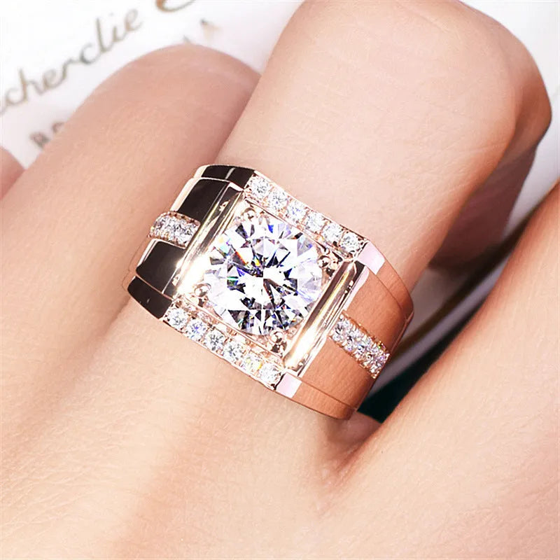Men's adjustable copper imitation moissanite ring in rose gold, gold, or platinum colour.