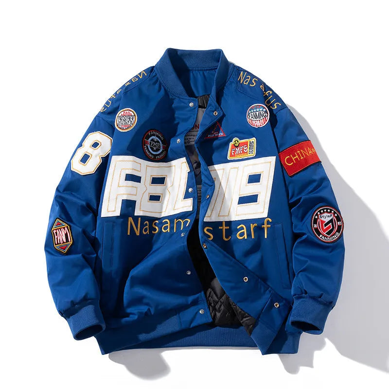 Black American motorcycle baseball uniform jacket with side pocket, shown in loose fit