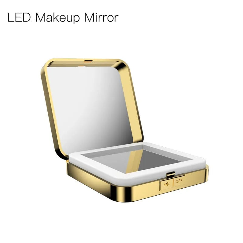 Black and white lighted makeup mirror showing dual HD and 4x magnification panels with adjustable LED lighting.