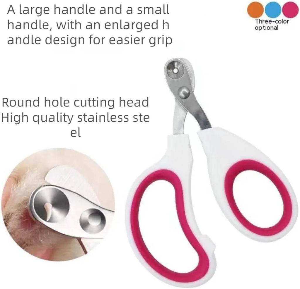 Blue cat nail clippers with circular cut hole design and cushioned handle for safe pet nail trimming