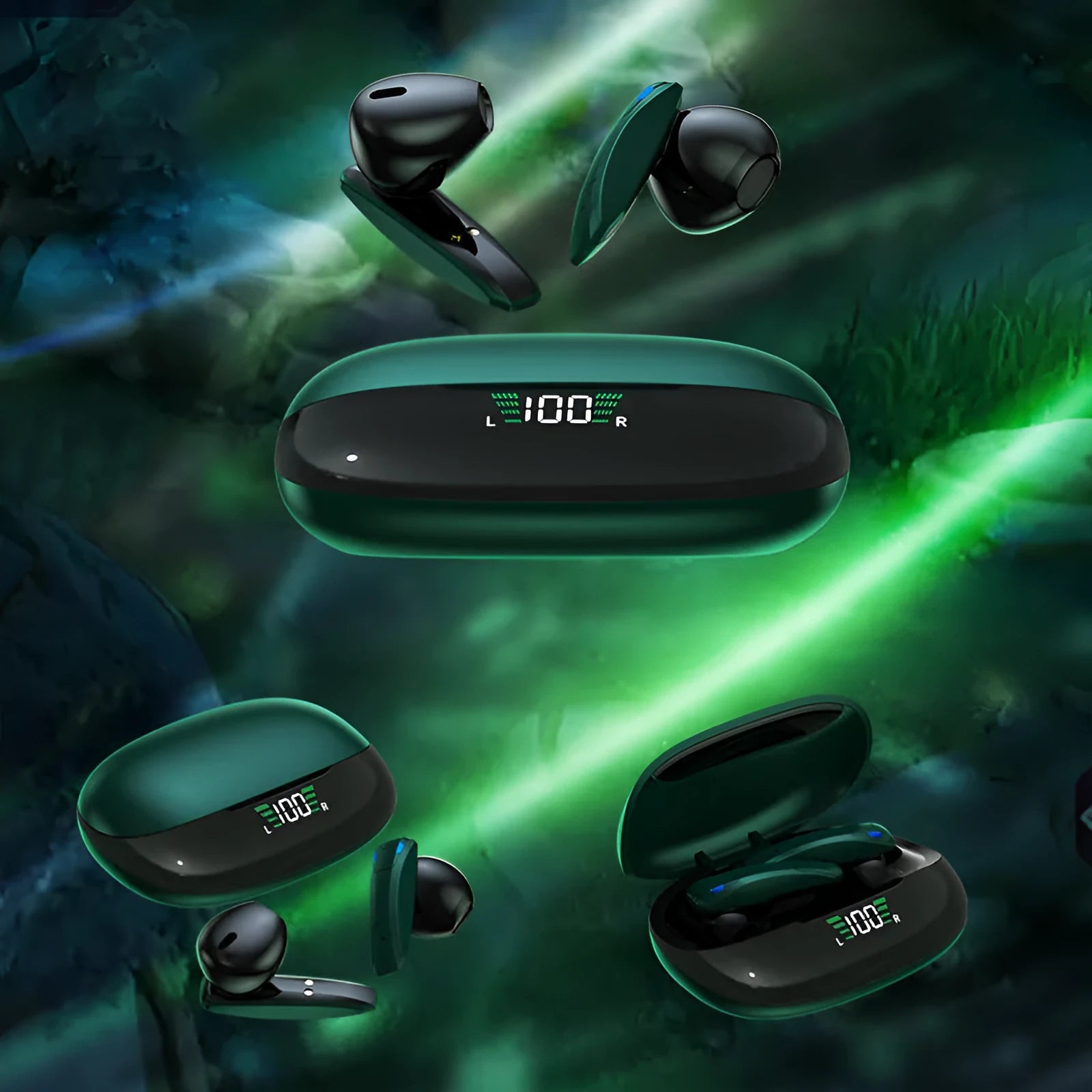 Y2 Green wireless Bluetooth headset with charging case showing low latency gaming earphones