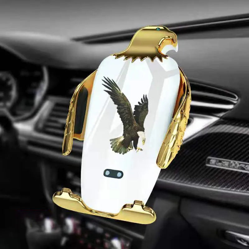 Eagle style car phone holder with wireless charging base and snap-on suction cup mount.