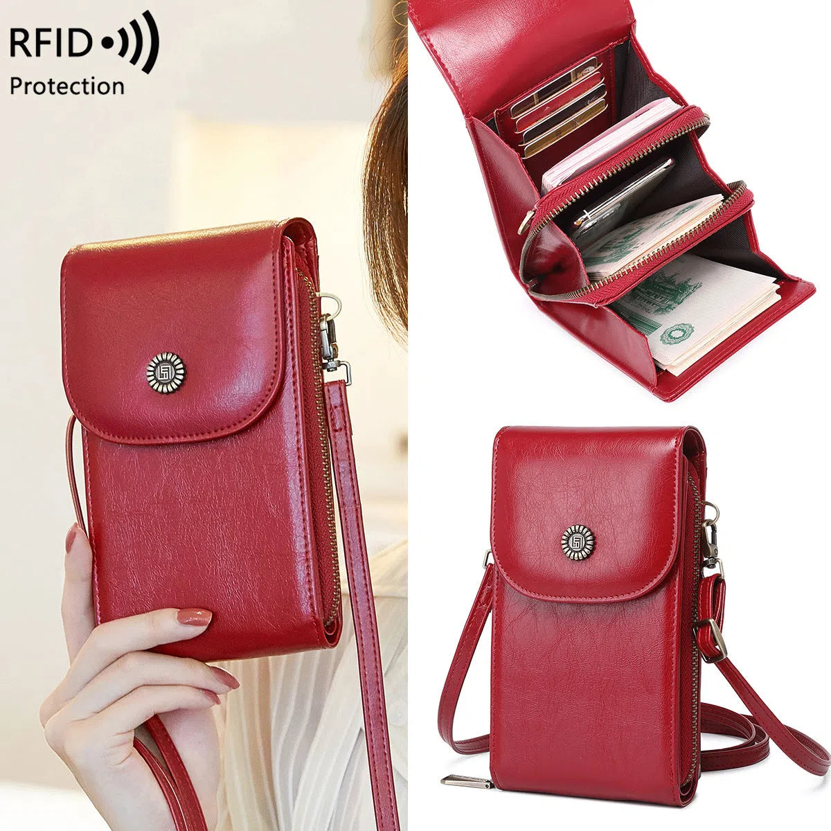 Anti-magnetic phone bag retro wax leather PU crossbody with card slot in black for daily wear