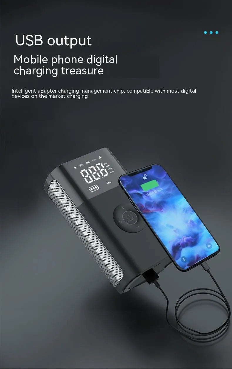 Wireless handheld digital air pump with display screen showing tyre pressure, surrounded by nozzle attachments for car, bicycle and sports inflation