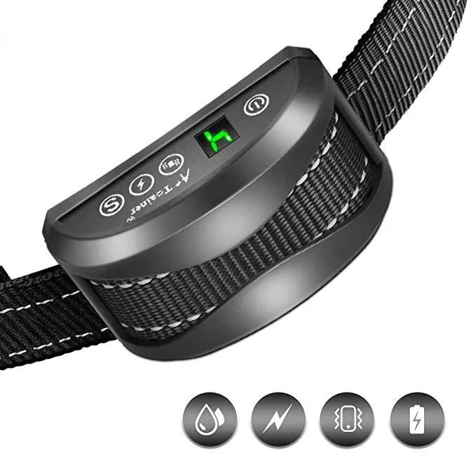 Electronic dog training bark collar with digital display and adjustable strap in black colour