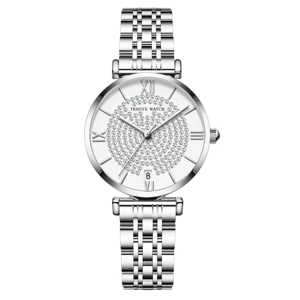 Starry women's quartz watch with 33mm dial, alloy strap, mineral glass mirror, and butterfly buckle on white background