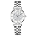 Starry women's quartz watch with 33mm dial, alloy strap, mineral glass mirror, and butterfly buckle on white background