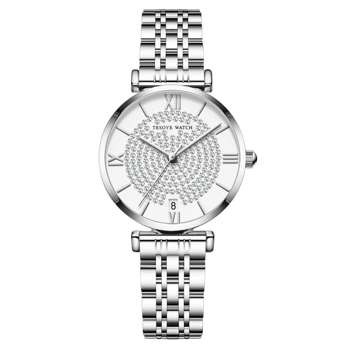 Starry women's quartz watch with 33mm dial, alloy strap, mineral glass mirror, and butterfly buckle on white background