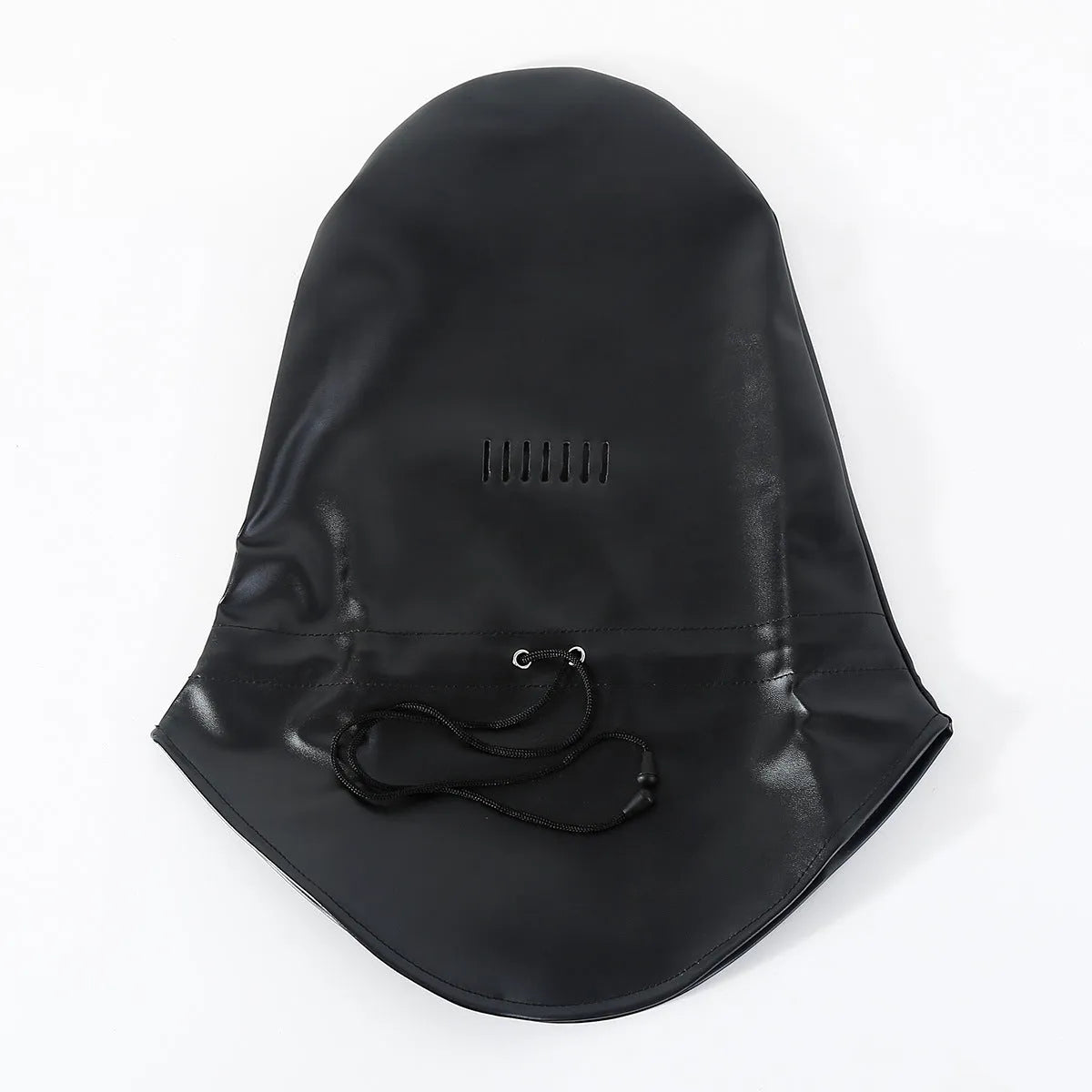 Black leather bondage mask covering eyes with adjustable fit for adult use