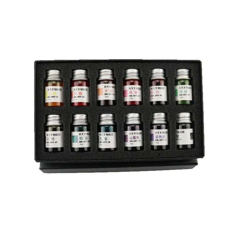 12 colour gold powder dip pen ink set in 7ml high borosilicate glass bottles in gift box