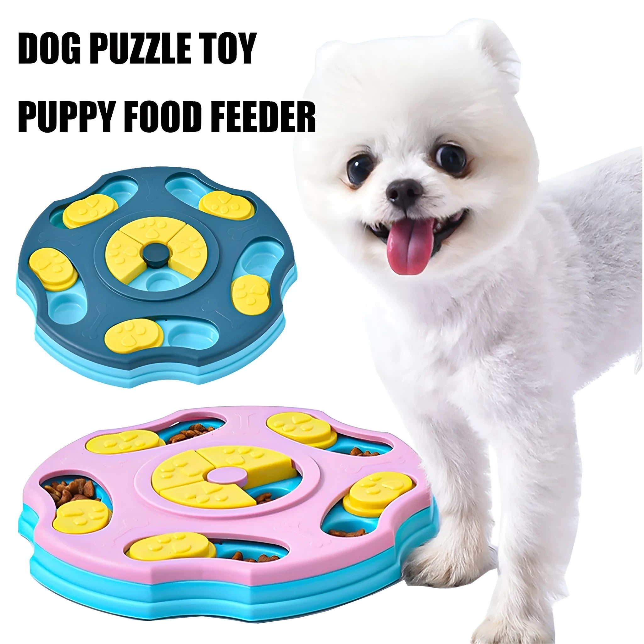 Blue and pink dog puzzle toy feeder bowl for aggressive chewers on a wooden floor.