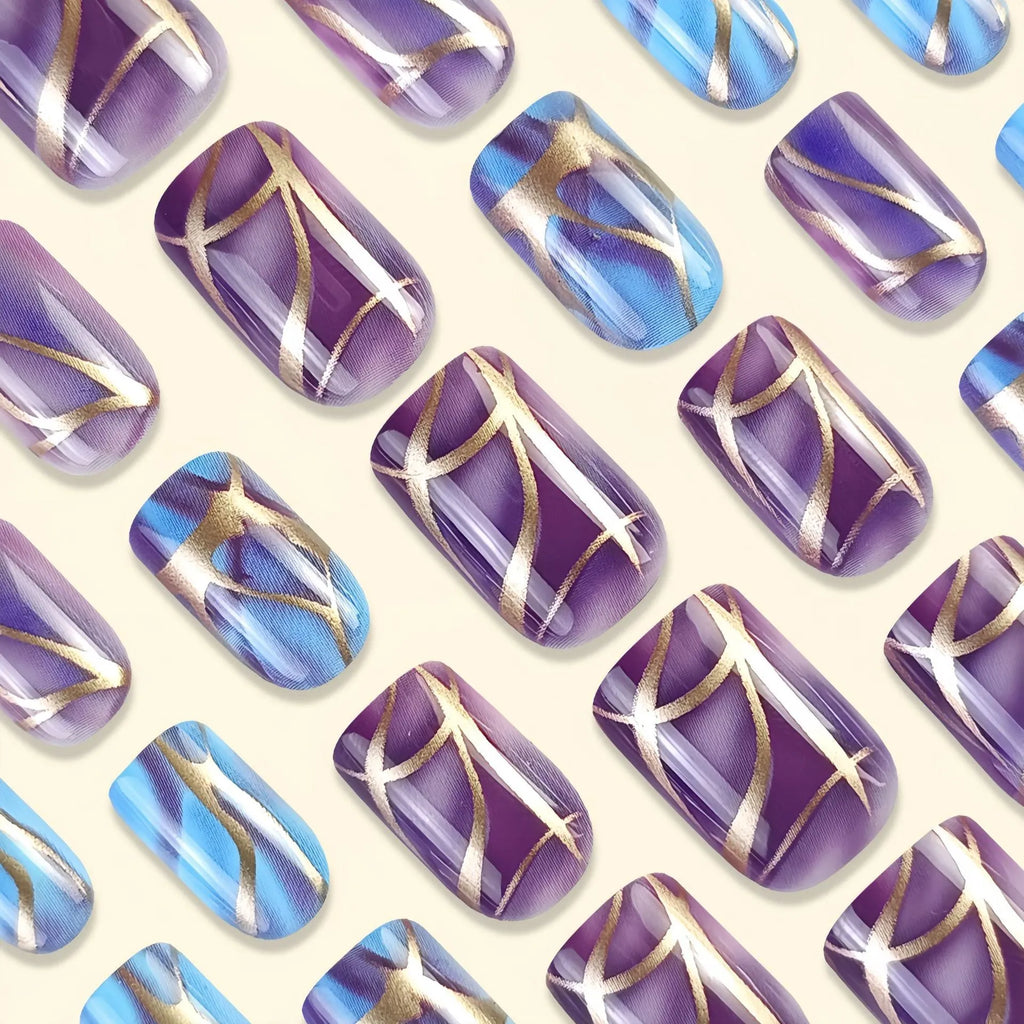 Mid-length purple striped nail stickers in European and American style design
