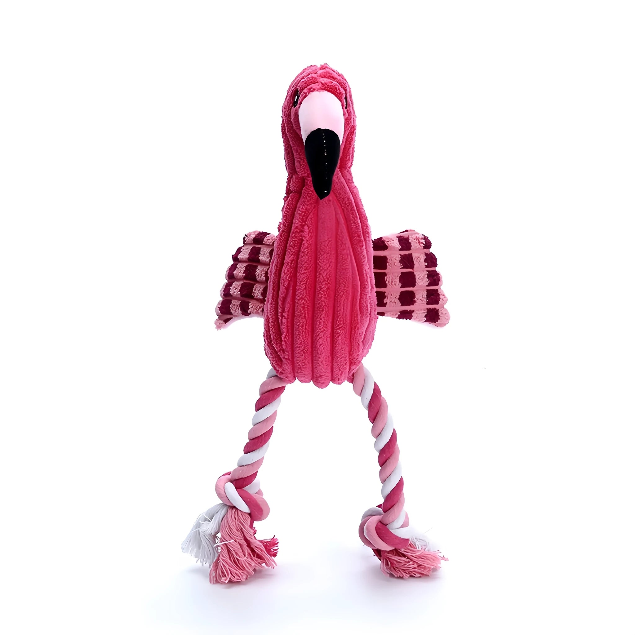 Pink corduroy animal-shaped plush dog toy with squeaker on a neutral background.