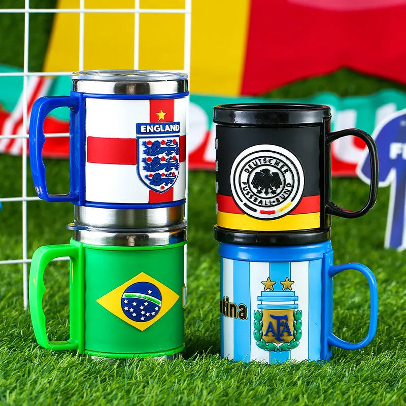 World Cup soccer mug souvenir with rubber metal construction, 7.6cm diameter, showing team colour design