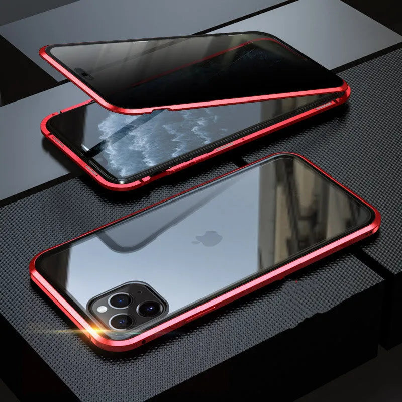 Anti-spy privacy phone case in black with a glass screen guard, shown next to an iPhone.