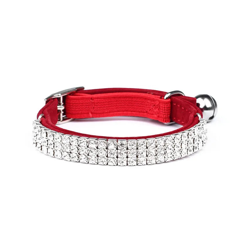 Suede cat collar with rhinestones in five colours, adjustable from 20cm to 30cm length