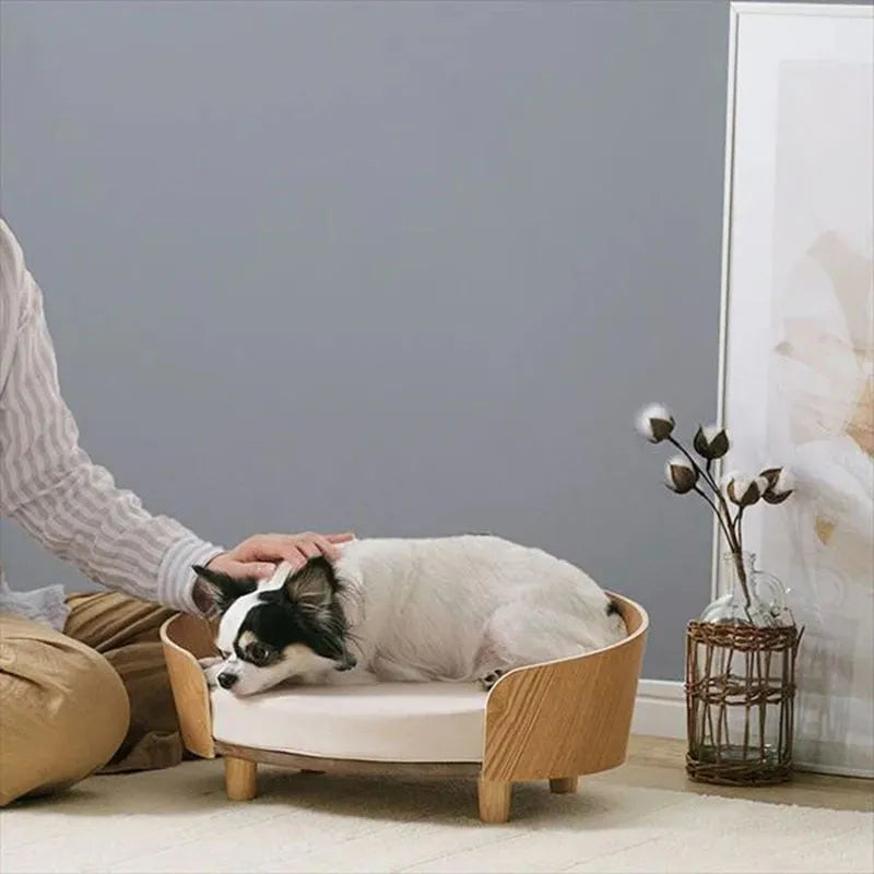 Brown wooden pet bed with cushion, 49cm wide, 35.5cm deep, 19.5cm high, for cats and small dogs