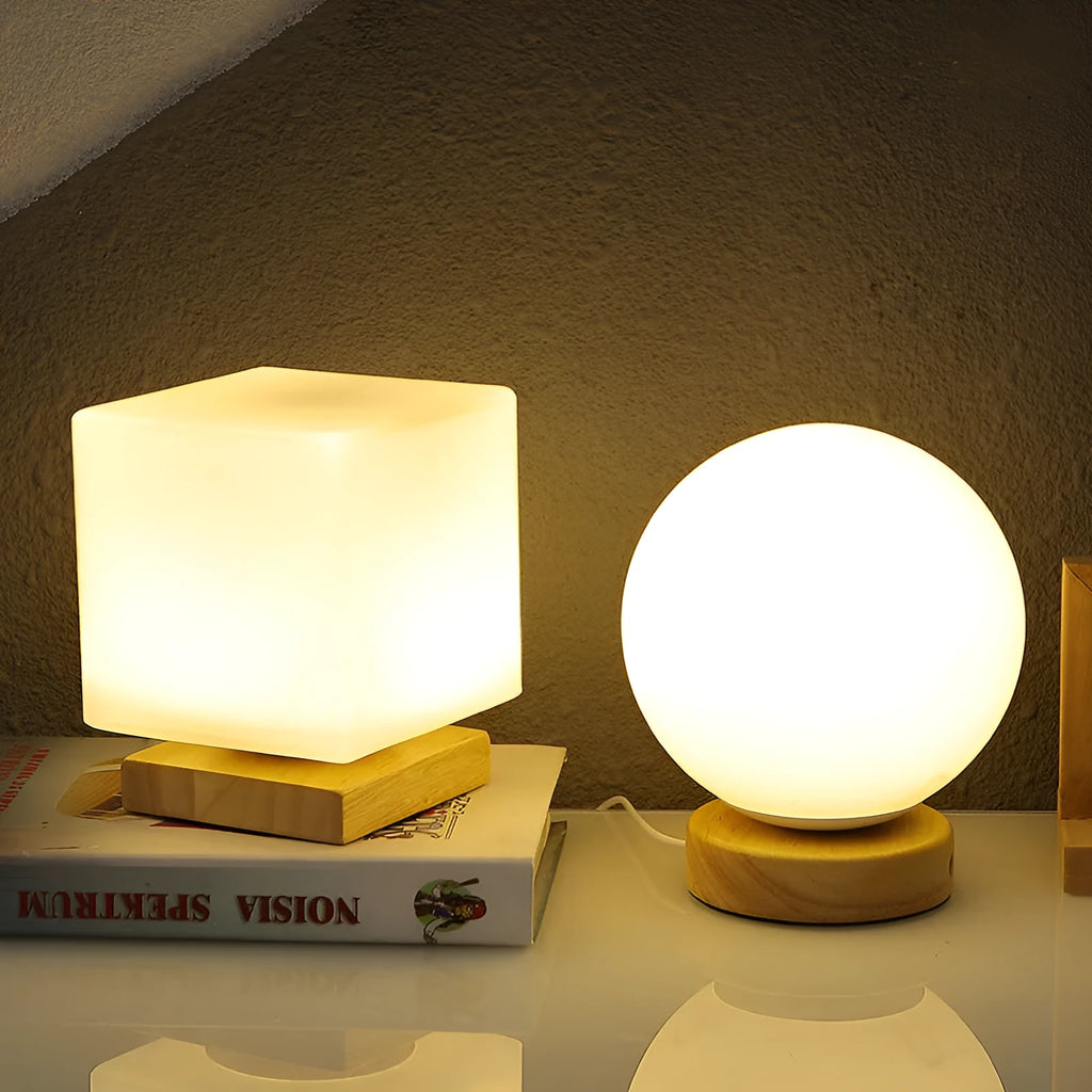 Nordic solid wood USB table lamp with white flower-shaped light and touch controls