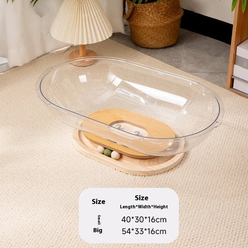 Transparent acrylic cat space capsule bed showing curved bathtub design