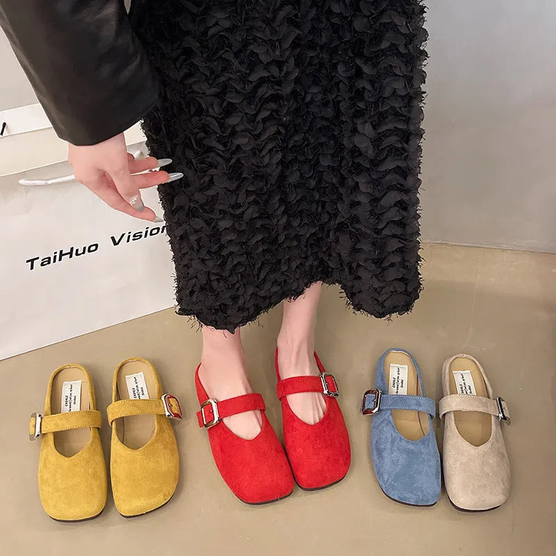 Women's flat apricot slippers with square closed toe, PU upper, and rubber sole.
