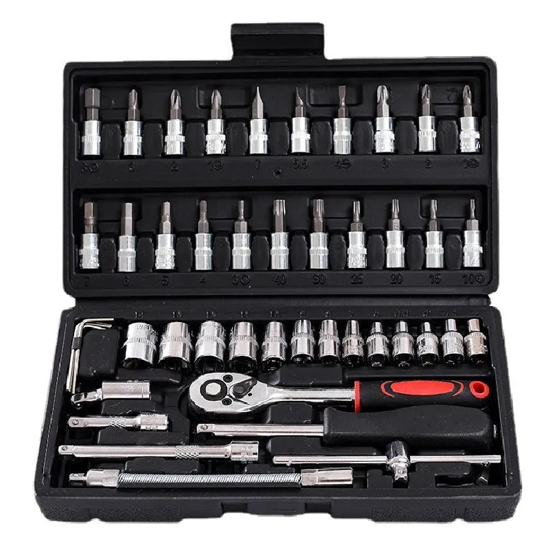 Cr-V chromium vanadium steel socket ratchet wrench set with multiple sockets in a case.