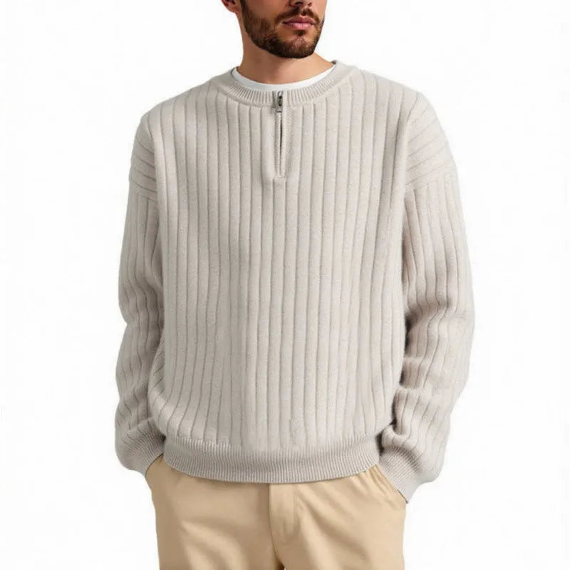 Men's grey half-zip knitted sweater with texture pattern and loose fit design