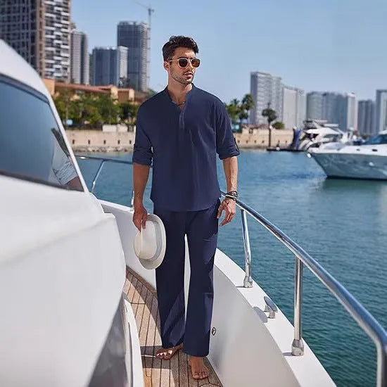 Men's solid colour cotton casual suit with long sleeves and trousers on a hanger