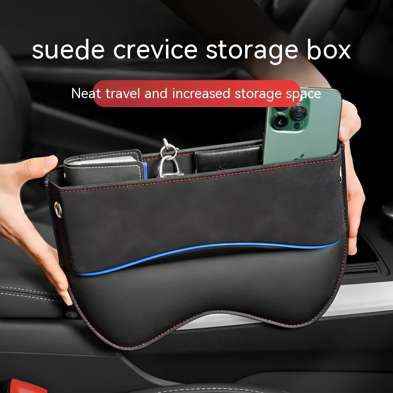 Leather car seat storage organiser box in a choice of colours including black and beige.