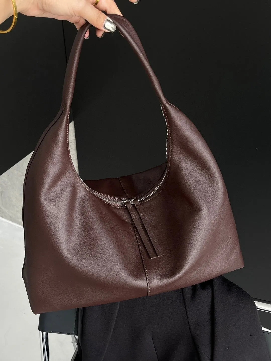 Genuine leather crescent underarm bag in ankarat red with sandwich pocket and single shoulder strap