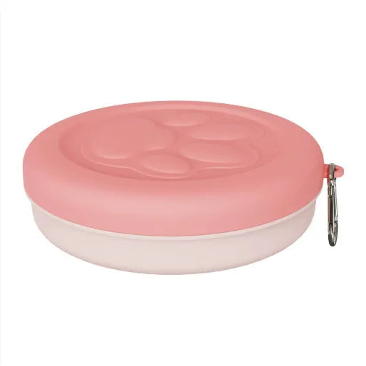 Folding portable dog food bowl with separate snack compartment in pink colour