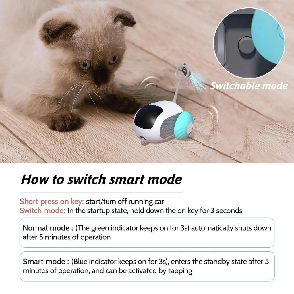 Blue interactive cat toy car with feather attachment and remote control on wooden floor
