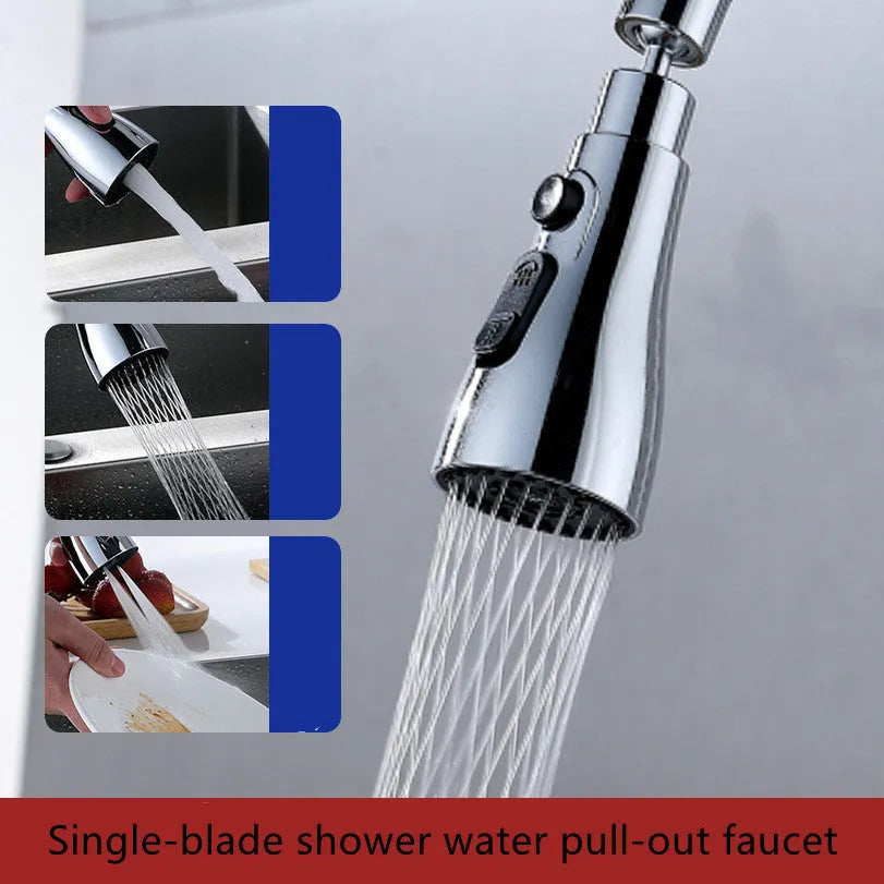 Silver universal kitchen faucet sprayer with rotating head shown on a sink tap.